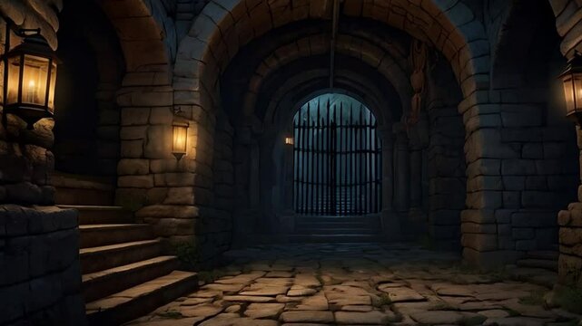 Underground dungeon, fantasy adventure tabletop role-play game setting, dark and creepy background created with generative ai