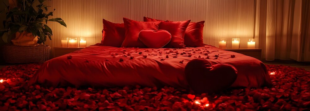 A luxurious bed covered in red satin sheets, surrounded by rose petals and heart-shaped pillows, illuminated by soft candlelight for a romantic Valentine is night