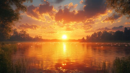Golden sunset over calm lake, trees.