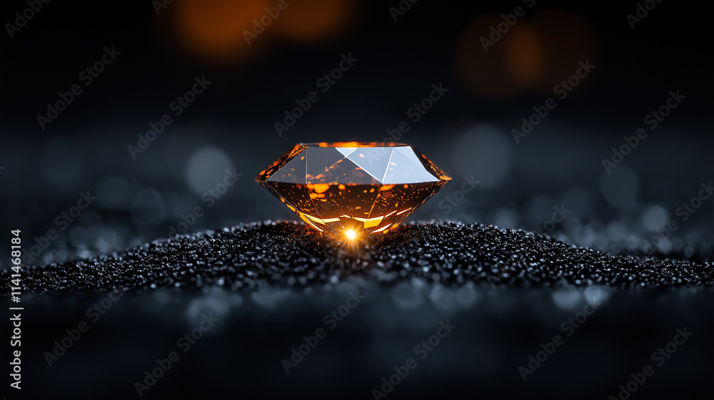 Poster sparkling diamond on dark surface, illuminated by warm light, creating captivating contrast. scene e