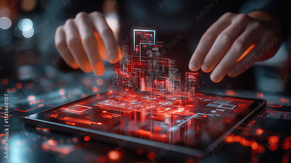 Leinwandbilder close up of digital tablet displaying innovative technology with holographic elements, showcasing data visualization and futuristic design. hands interact with interface, creating dynamic