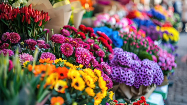 Vibrant flowers in various colors create lively market scene