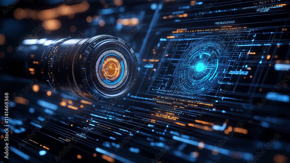 Poster futuristic digital lens capturing innovative data visualization, showcasing advanced technology and 