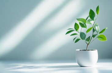 Small green plant in white pot, sunlit.