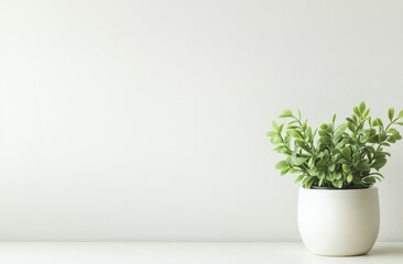 Minimalist white pot with green plant against white wall.