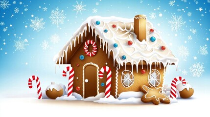 Festive Gingerbread House in Snowy Landscape