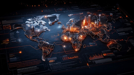 digital map displaying global pandemic data with vibrant visualizations, highlighting key statistics and trends across continents. intricate design showcases modern approach to data representation