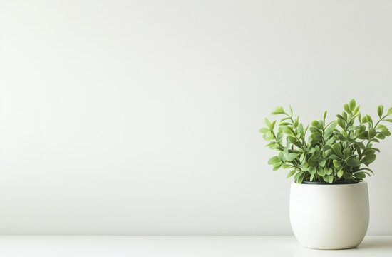 Minimalist white pot with green plant against white wall.