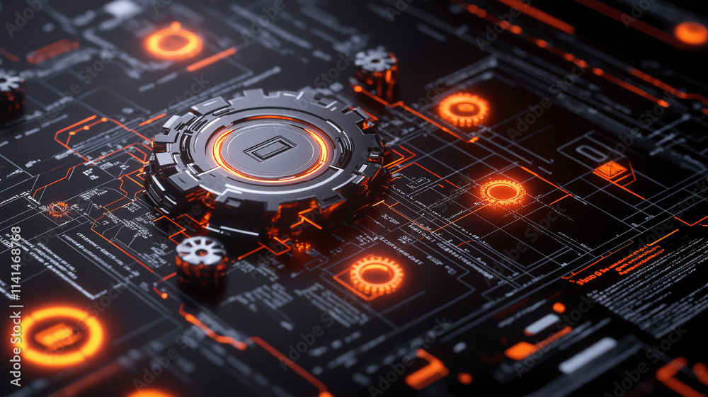 Aufkleber futuristic technology interface with glowing orange elements and gears, showcasing intricate pattern