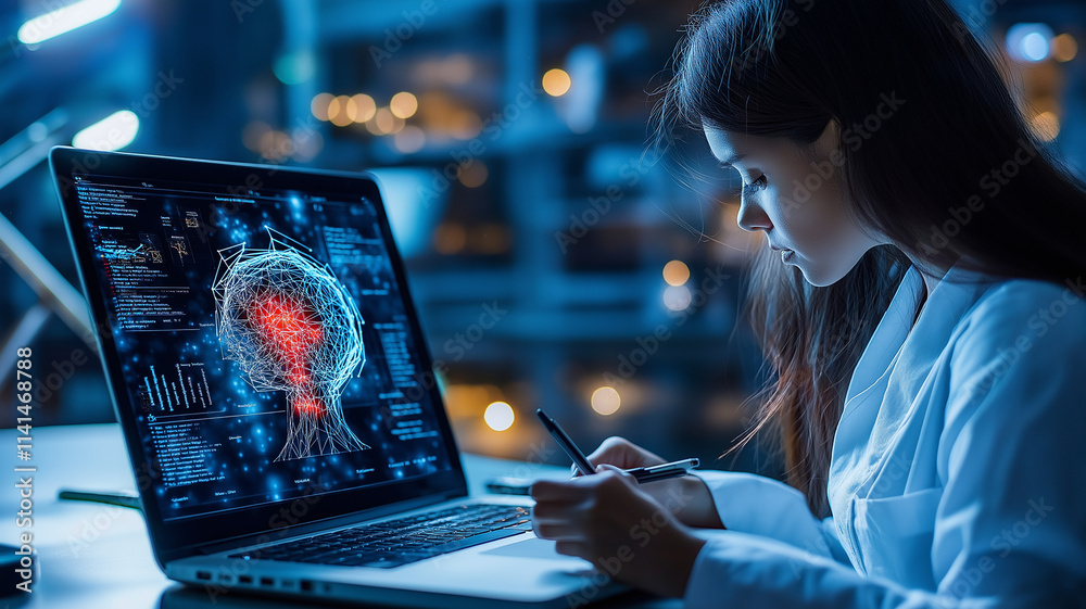 Poster woman in lab coat analyzes data on laptop, focusing on AI learning patterns. environment is illuminated with blue hue, creating tech savvy atmosphere