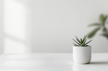 Minimalist succulent in white pot on white table.
