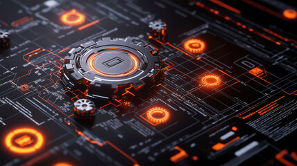 Futuristic technology interface with glowing orange elements and gears, showcasing intricate patterns and designs. Ideal for themes of innovation and digital advancement