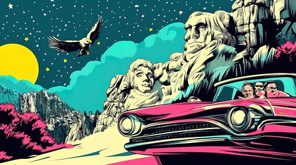 Obraz premium stunning patriotic poster of mount rushmore under a starry night with soaring eagle - perfect for sports décor and celebration of national pride!
