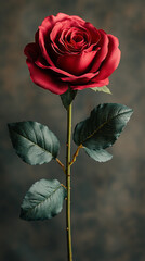 Obraz premium Elegant single red rose with green leaves on soft vintage background