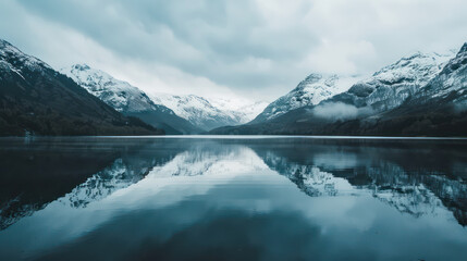 A serene lake reflects majestic mountains under cloudy sky
