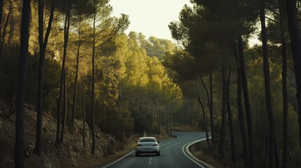 Obraz premium Serene Road Journey Through Lush Pine Forest in Autumn Light