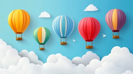 Colorful hot air balloons floating above fluffy clouds in a bright blue sky.