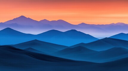 Vivid hues of orange and blue blend across abstract dune formations at sunset, creating a tranquil atmosphere in the desert landscape