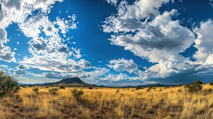 A panoramic view of a vast landscape with mountains and dramatic cloud formations.