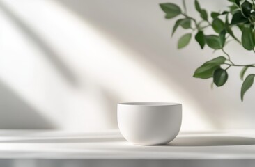 Obraz premium White bowl on white surface with sunlight and plant.