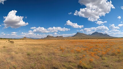 Fototapeta premium A panoramic view of a vibrant landscape with orange flowers under a blue sky and fluffy clouds.