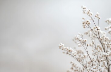 Fototapeta premium Snowy delicate flower branches against a blurred background.