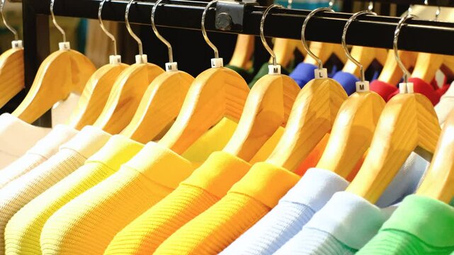 Brightly colored knitted sweaters hang on wooden hangers in clothing store.