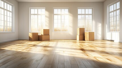 A bright, empty room with large windows and a wooden floor, featuring a few cardboard boxes, creating a sense of openness and potential.