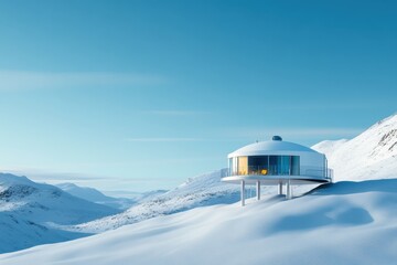 A prefabricated eco-friendly research station in a serene natural landscape, promoting sustainable innovation.