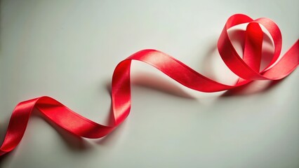 Red Satin Ribbon Curled and Flowing on a White Surface