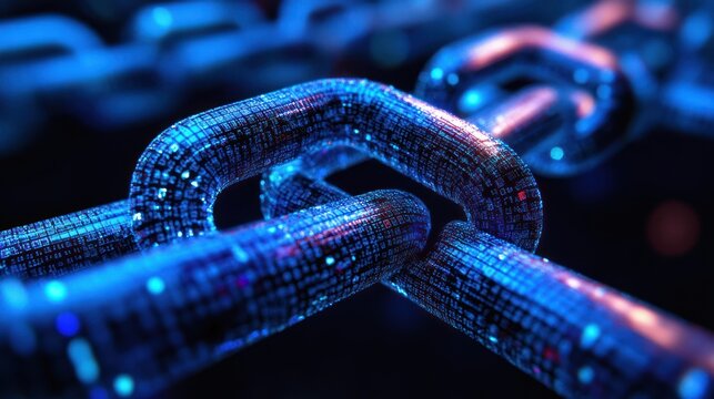 Abstract illustration of a digital chain link.  Data, binary code,  - Powered by Adobe