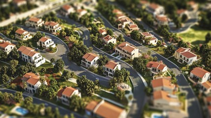 Obraz premium 3D rendering of a residential area with trees and buildings, a small town with houses and roads.