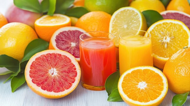 Fresh citrus fruits like oranges, lemons, and grapefruits alongside their juices display vibrant colors