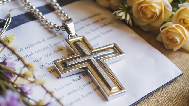 Silver and Gold Cross Pendant on a White Page