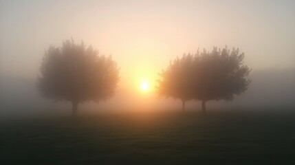 Obraz premium Misty Sunrise Over Trees in Foggy Landscape Creating Serene Atmosphere