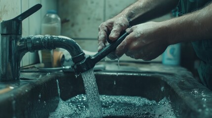 A person washes a pipe under running water in a sink, surrounded by soap bubbles.
