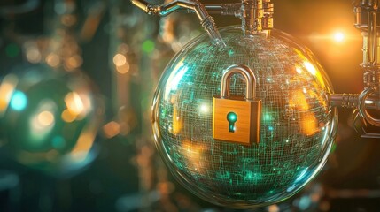 Digital padlock hovering above a transparent network globe