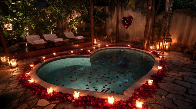 A heart-shaped pool surrounded by glowing lanterns, rose petals, and candles, creating a serene Valentine is Day escape