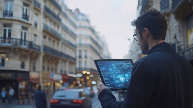 Business and technology, software development, IoT concept. Double exposure, man programmer, software developer working on digital tablet and smart city with binary, html computer code on screen