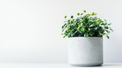 A potted plant with lush green leaves in a simple, modern pot against a light background.