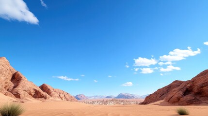 Vast desert landscape under a clear blue sky with distant mountains.