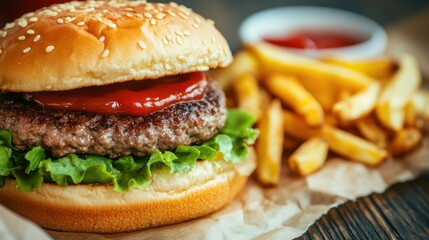 Succulent classic burger topped with fresh lettuce and ketchup, accompanied by crispy fries on a rustic wooden table