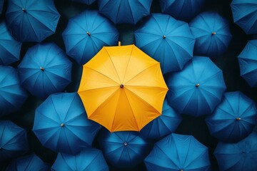 A single yellow umbrella stands out among many blue umbrellas. Illustrates standing out from the crowd, uniqueness, or being different.