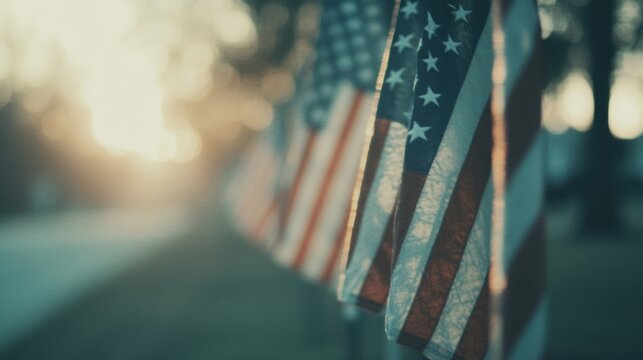 Fluttering American flags bask in soft evening light along a quiet path, creating a serene and patriotic atmosphere - Powered by Adobe