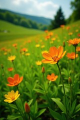 Obraz premium Orange and yellow Alstroemeria flowers in a field of green grass and flowers, grass, landscape