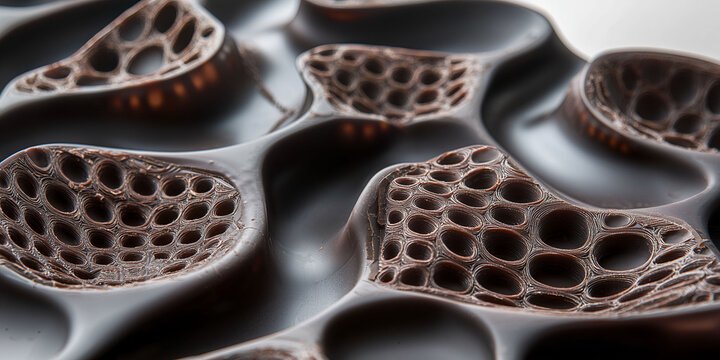A close up of a chocolate sculpture with a lot of holes in it. The sculpture is made of chocolate and has a very intricate design. Scene is one of wonder and amazement at the level of detail - Powered by Adobe