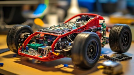 nventive kids learn at home by coding robot cars and electronic board cables in STEM. constructing robot cars at home