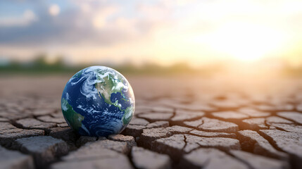 A close-up of Earth on cracked ground, symbolizing the climate crisis and environmental issues.
