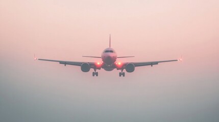 A commercial airplane glides gracefully through a pastel sky high above fluffy clouds, illuminated by the warm glow of sunset