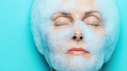 A woman enjoys a soothing skin care treatment with foam applied to her face, symbolizing relaxation and the fight against aging